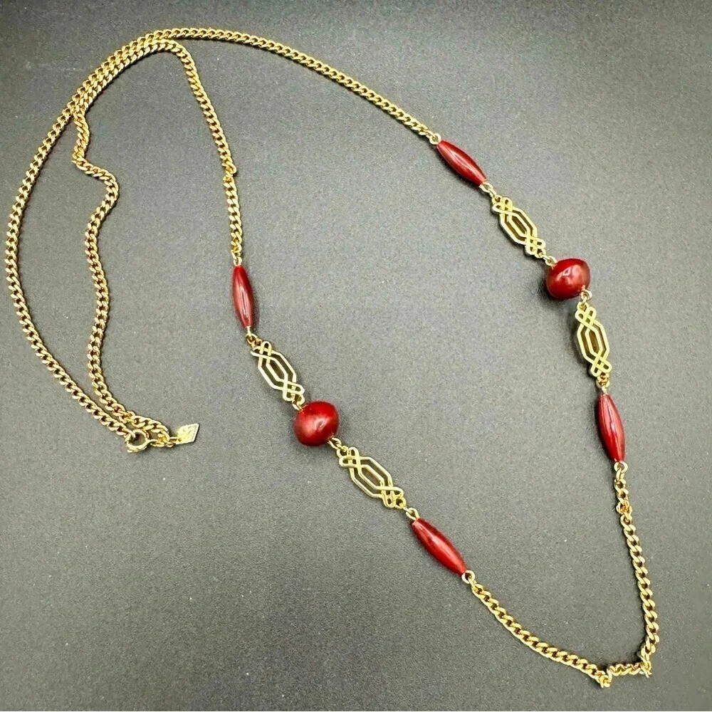 Vintage Signed Sarah Cov Gold Tone and Red Resin Beads